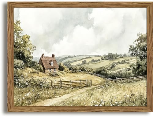 Framed Vintage Canvas Wall Art, Cottage Landscape Wall Decor Paintings by Unknown
