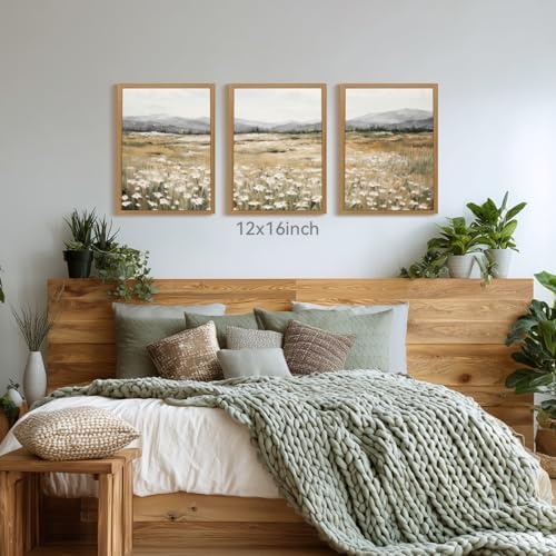 CAZLOUC White Wildflowers Wall Art Set of 3, Neutral Meadow Landscape Wall Decor - Image 3