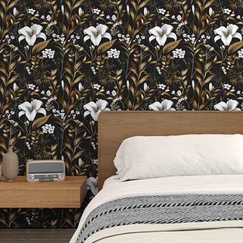 Laatse Vintage Dark Black Golden Floral Peel and Stick Wallpaper 17.5"x197" - Image 6