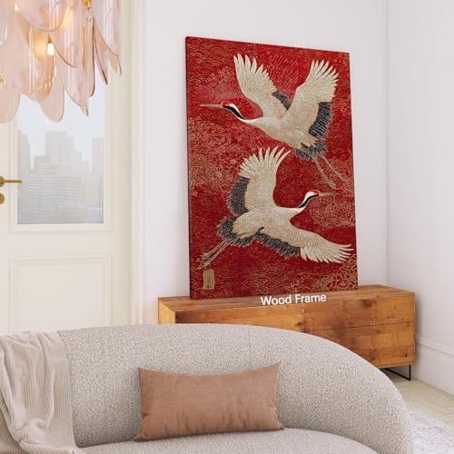 Retro Japanese Canvas Wall Art Funny Oriental Crane Posters Red And Gold Bird - Image 3