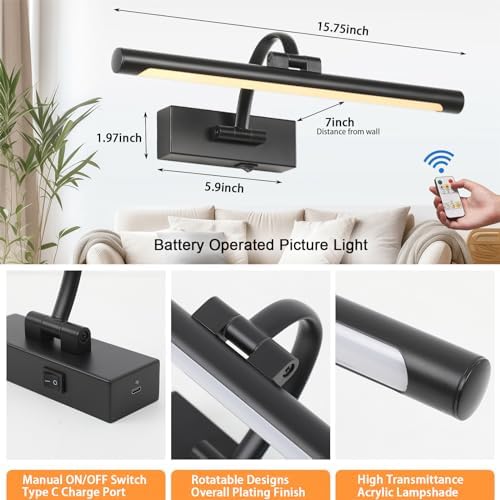 Tassuowell Wireless Battery Operated Picture Light, Rechargeable Wall Light - Image 4
