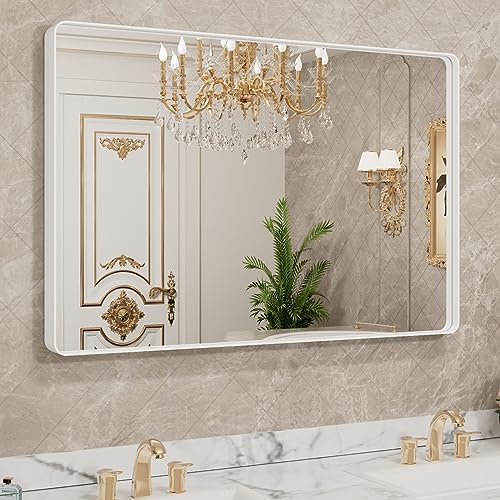 LOAAO 48x32 Inch White Metal Framed Bathroom Mirror by LOAAO