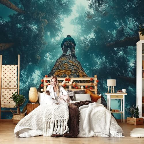 Teal Brown 3D Large Wall Mural Wallpaper Person on Tree in Misty Forest Natural - Image 3