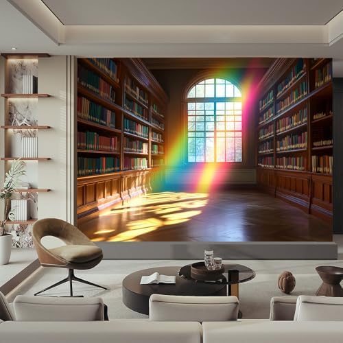 Warm Toned Wall Mural Wallpaper Library Books Rainbow Light Classic Style - Image 2
