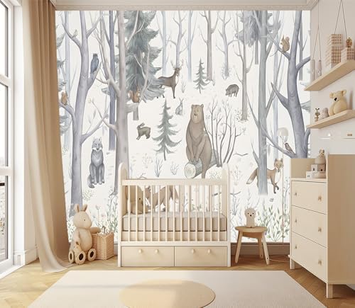XMPMBM-Cartoon Hand-Painted Animals Woodland Nursery Room Fabric Wallpaper - Image 2