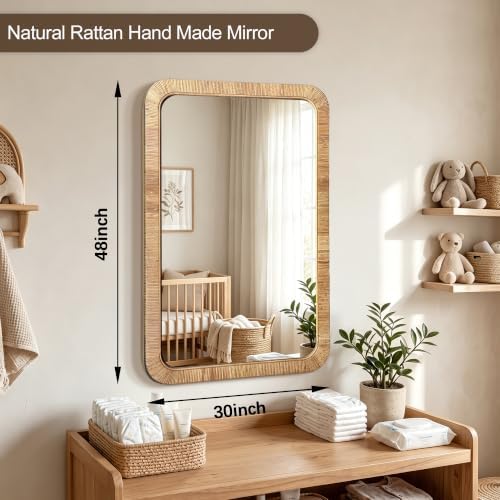 Decorative Rattan Wall Mirror, Boho Bathroom Modern Makeup, Rustic Wall Bohemia - Image 2