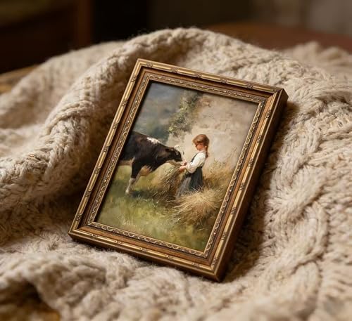 Vintage Gold Framed Farmhouse Canvas Wall Art, Retro Rustic Girl Feeding Cow - Image 5