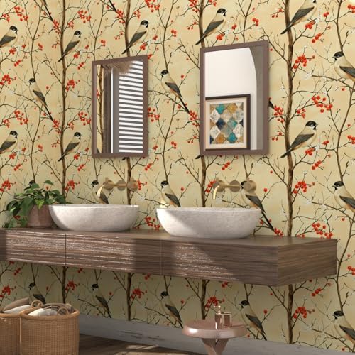 Laatse Vintage Yellow Red Bird Floral Botanical Wallpaper 17.5"x393" - Image 2