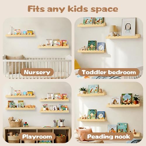 Nursery Floating Shelves for Kids Room, 4 Pack 15.7 Inch Natural Wood Wall - Image 6