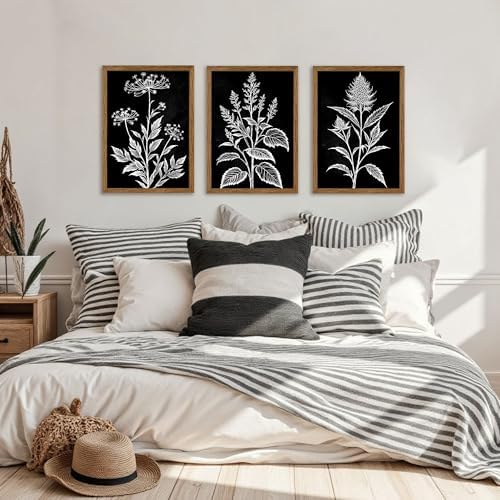 AVECCO 3 Pieces Black White Botanical Wall Art Canvas Framed 16x24 Inch - Image 2