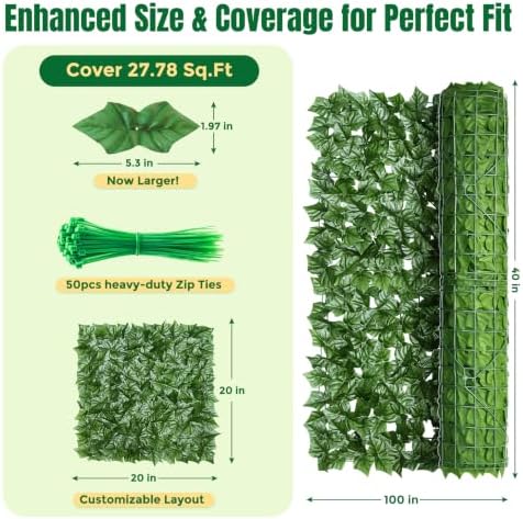 KASZOO Artificial Ivy Privacy Fence Screen, 100x40 in, 10 Pack, Plastic & - Image 2