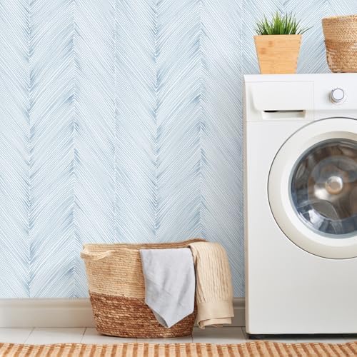 Modern Peel and Stick Wallpaper 17.3"x120" Grey Blue Herringbone Striped Wall - Image 6