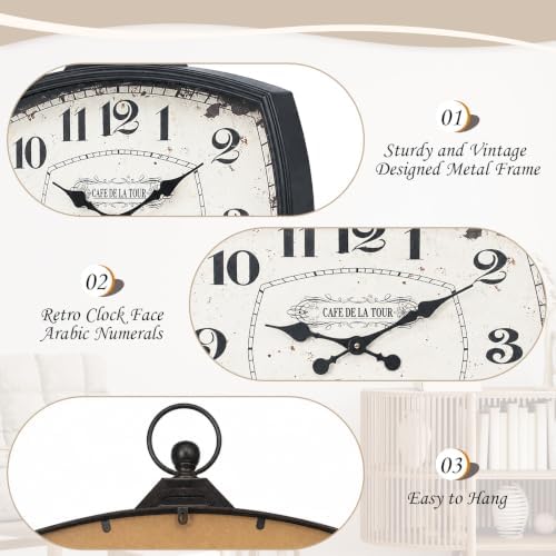 Large Farmhouse Wall Clock, Vintage Metal Rectangle Silent Battery Operated - Image 3
