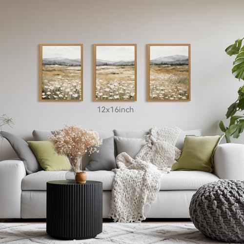 CAZLOUC White Wildflowers Wall Art Set of 3, Neutral Meadow Landscape Wall Decor - Image 4