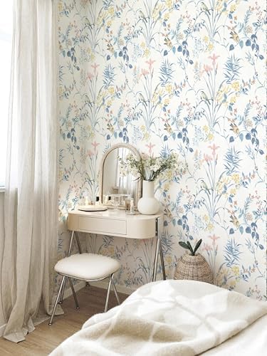 Erfoni Boho Floral Peel and Stick Wallpaper Blue Floral Birds Contact Paper - Image 2
