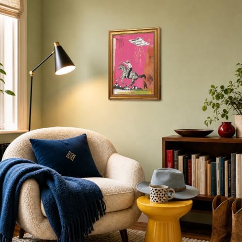 Vintage Gold Framed Western Wall Art, Retro Cowboy UFO Abduction Pictures Wall - Image 6