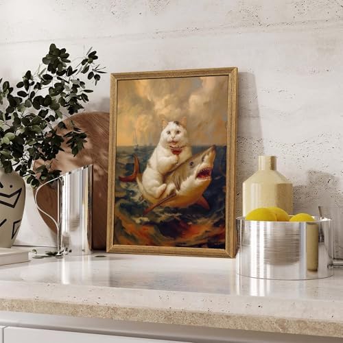 ICHZUMW Framed Funny White Cat Riding Shark Ocean Canvas Wall Art 12x16 In - Image 4