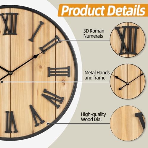 Large Wall Clock 30IN, Silent Metal Wood Style Wall Clocks Battery Operated - Image 2