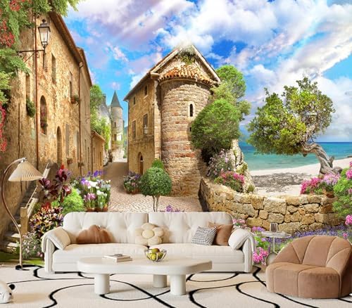 Vibrant Mediterranean Coastal Village Ocean Wallpaper - Image 2