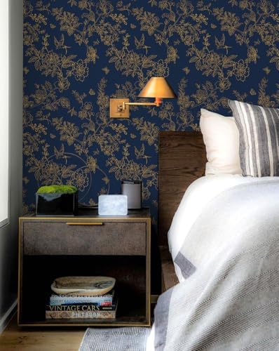 Froluya Dark Blue Peel and Stick Wallpaper Vintage Floral 17.7in×393.7in - Image 2
