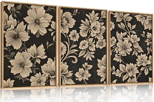 Large Vintage Floral Framed Canvas Wall Art Set, Mid Century Modern Flower Wall by Unknown