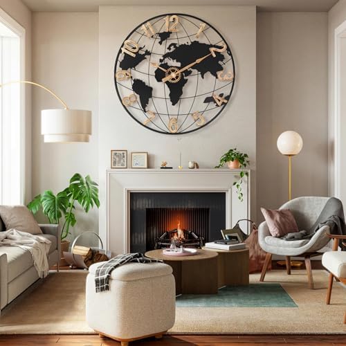 Pytha Sight 24 Inch Large World Map Vintage Gold Arabic Numerals Wall Clock - Image 5