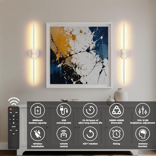 Wall Sconces Battery Operated Set of Two, 27.6 Inch Dimmable USB Rechargeable - Image 2
