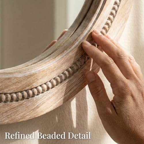 Solid Wood 36 Inch Round Beaded Wall Decor Mirror, Natural Wood - Image 3