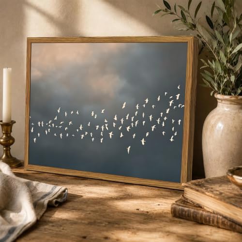 Framed Vintage Flying Bird Canvas Wall Art, Minimalist Abstract Flock of White - Image 6