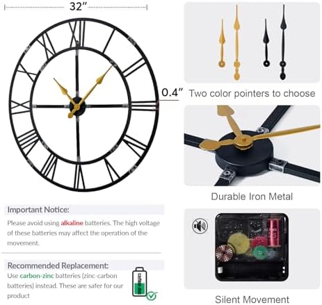 32 Inch Large Silent Wall Clock, Easy Assembly Roman Numeral Black - Image 2