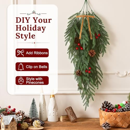 Waipfaru 4Pcs Artificial Hanging Norfolk Pine Christmas Teardrop Swag - Image 3