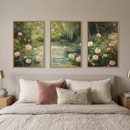 Aryroi Monet Garden Water Lilies Framed Canvas Wall Art Set, Impressionist Pond - Image 5