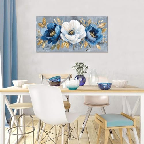 Modern Blue White Flower Canvas Wall Art - Image 3