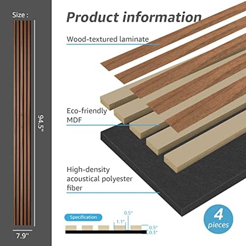 Art3d 4-Pack Soundproof Wood Slat Wall Panels, 94.5 x 7.9 Inch - Image 4