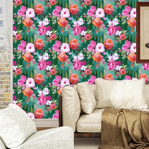 BOKEBEVE Floral Wallpaper Peel and Stick Boho Bright Green 17.5 x 393.5In - Image 2
