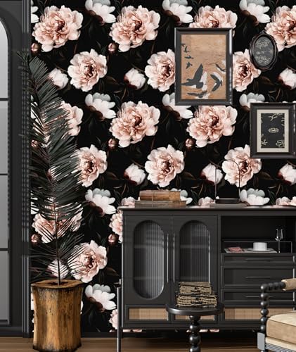 Black Pink Floral Peel and Stick Vintage Peony Wallpaper 17.5X 118 - Image 5