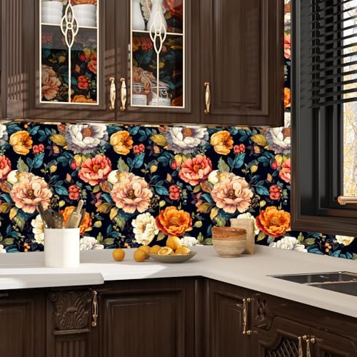 BOKEBEVE Floral Wallpaper Peel and Stick Boho Colorful Black 17.5 x 393.5In - Image 3