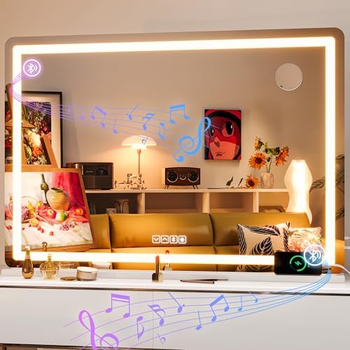 Hasipu Vanity Mirror with Lights and Bluetooth Speaker, 41.3" x 29.5" LED by Whatssuitableisthebest