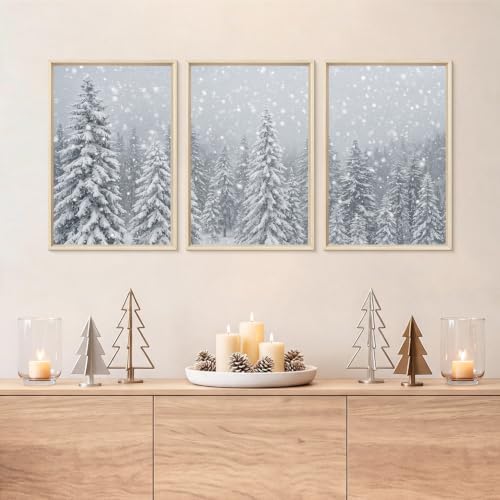 Snowy Christmas Tree Natural Woodland Framed Canvas Wall Art Set- 16"x24"x3 - Image 2