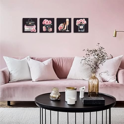 4 Pcs Fashion Canvas Wall Art, Framed Pink and Black Wall Decor 8 x 8 Inch - Image 3