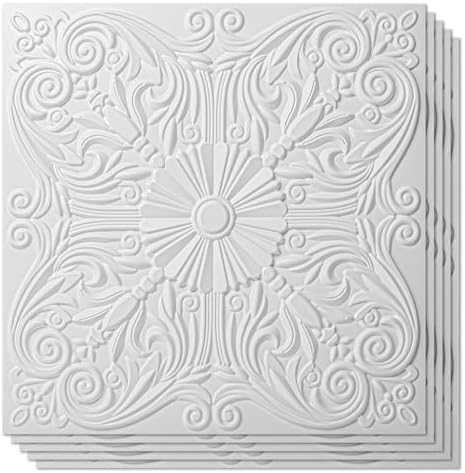Art3d Spanish Floral Drop Ceiling Tiles, 24 x 24 in, Matt White by Art3d