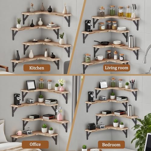 Set of 5 Corner Floating Shelves, Rustic Wood Shelve, Light Brown - Image 7