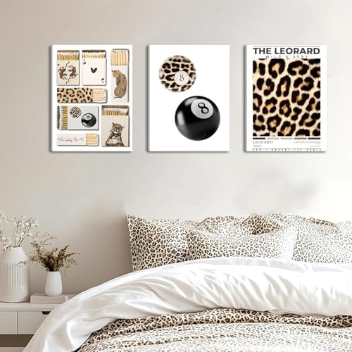Framed Trendy Leopard Canvas Wall Art Set of 3, Preppy Cheetah Lucky 8 Ball - Image 2