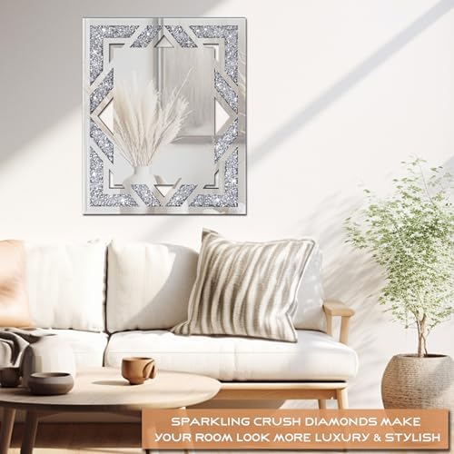 Rectangular Hollow Crushed Diamond Decorative Mirror, 17”x21.6“ Silver Crushed - Image 3