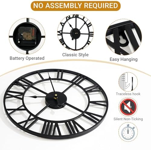 20 Inch Large Wall Clock, Silent Non Ticking, Roman Numerals - Image 3
