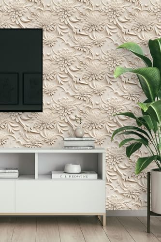 Peel and Stick Wallpaper Light Brown Scroll Floral Accent - Image 2