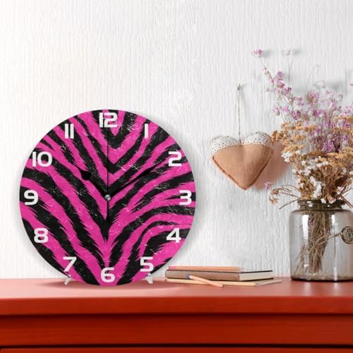 ABLINK Hipster Pink Black Zebra Fur Round Wall Clock, Silent Non Ticking Oil - Image 2