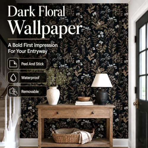 Black and Gold Peel and Stick Wallpaper Moody Dark Floral Contact Paper - Image 4