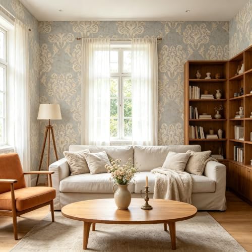 17.3"x118" Antique Grey Damask Peel & Stick Wallpaper, Distressed Textured - Image 6