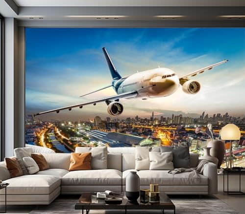 Modern Airplane Flying Over City Sunset Wallpaper Peel Stick by Cliouar